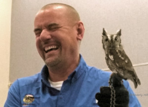 Paul Arthur with "Sasquatch" the Eastern Screech Owl